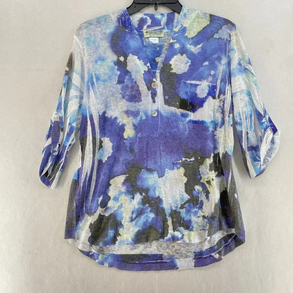 Impulse California Blouse Womens Sz S Blue V-Neck Button Front Roll Tab Sequined - Picture 1 of 8